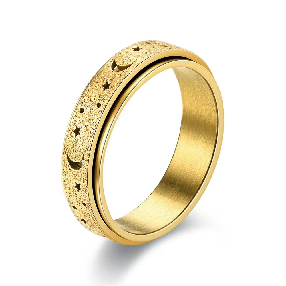 Anti Stress Stainless Steel Spinning Rotating Finger Rings For Women Men Rotatable Design Moon-Star Frosted Ring Fashion Jewelry
