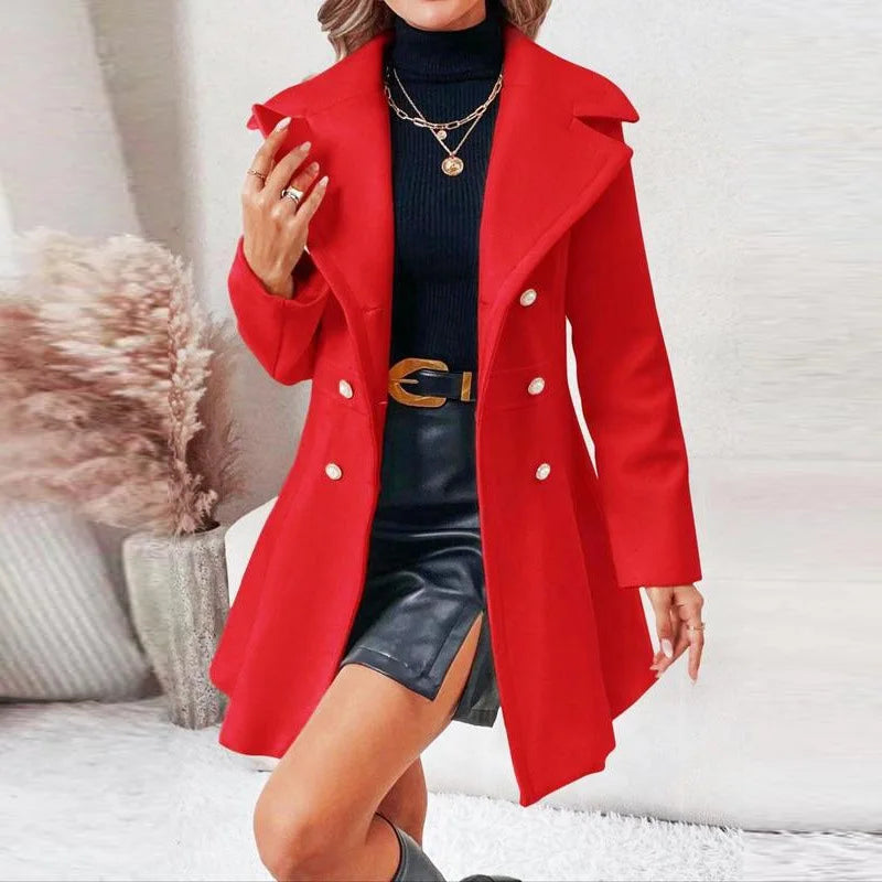 Women Jacket Elegant Women's Solid Color Woolen Double-breasted Coat with Turn-down Collar Long Sleeve Mid Length Overcoat