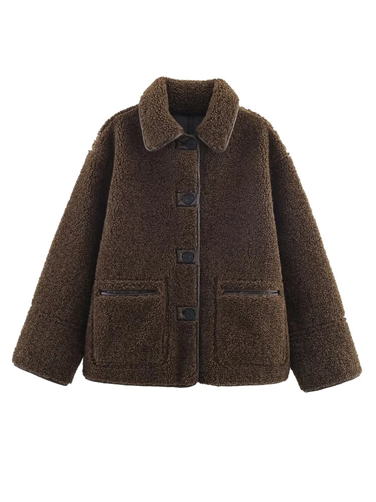 HH Woman Fashion Casual Street Style Jackets Women Lapel Single Breasted Pocket Decoration Coat Long Sleeve Winter Warm Jacket