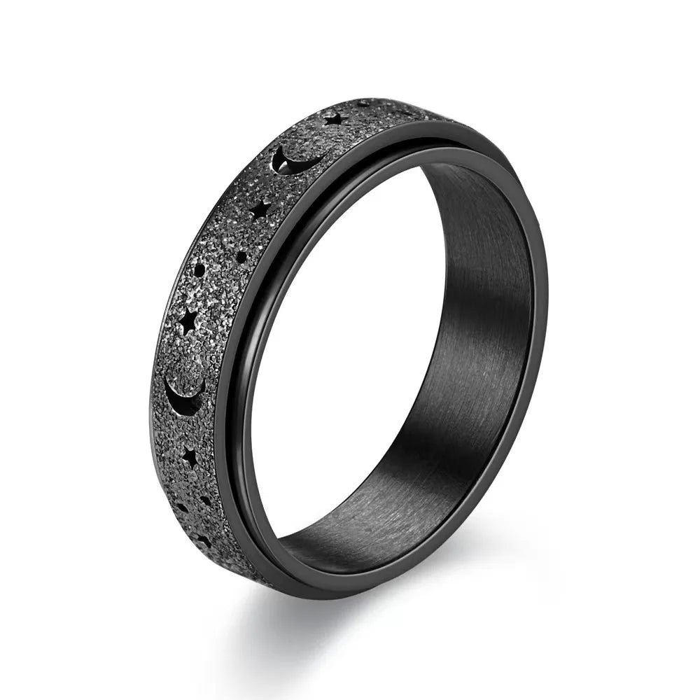 Anti Stress Stainless Steel Spinning Rotating Finger Rings For Women Men Rotatable Design Moon-Star Frosted Ring Fashion Jewelry