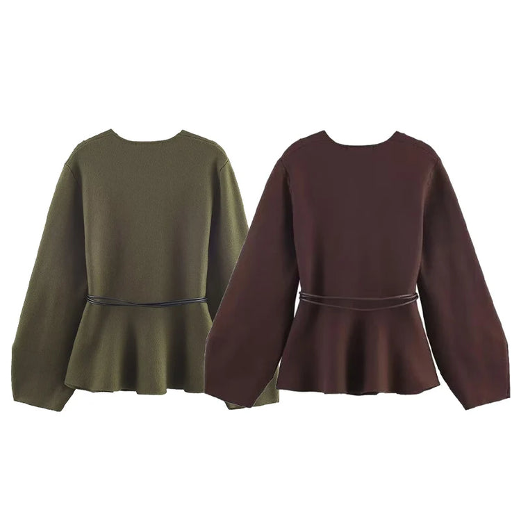 Tie-Waist V-Neck Knit Cardigan