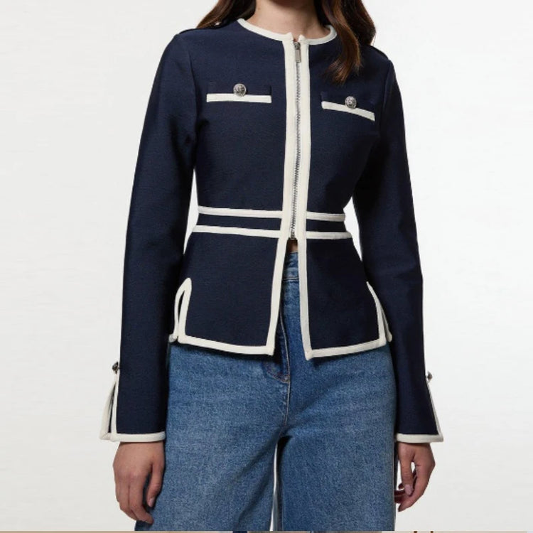 Striped-Piping Zip Jacket