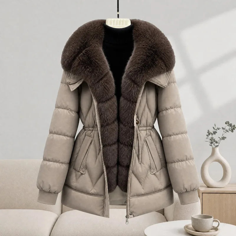 Women's Down Cotton Jacket Winter Coat Large Fur Collar Warm Mid Long Cotton Padded Jacket Female Outerwear Puffer Mujer Coats