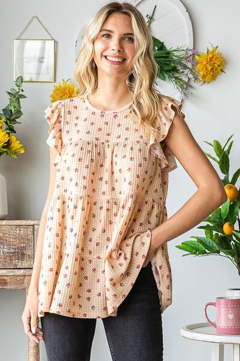Heimish Full Size Butterfly Short Sleeve round Neck Ditsy Floral Print Tiered Top plus Size
