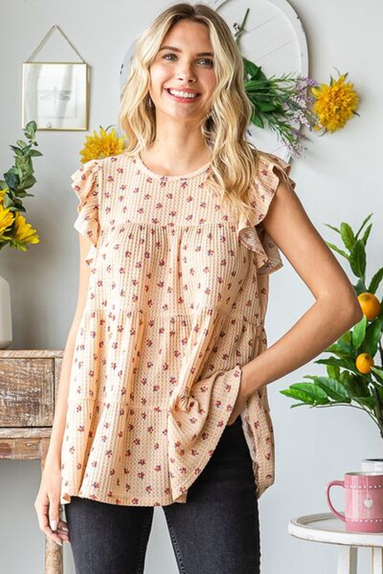 Heimish Full Size Butterfly Short Sleeve round Neck Ditsy Floral Print Tiered Top plus Size
