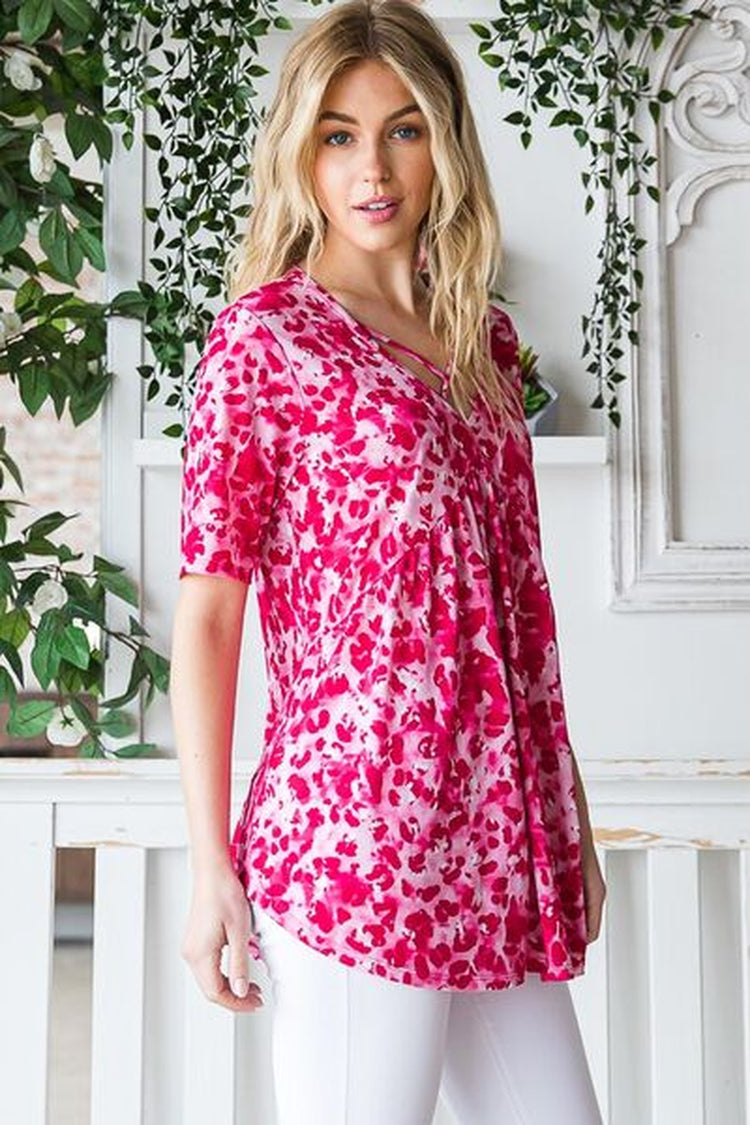 Heimish Full Size Short Sleeve Crisscross Animal Babydoll Top plus Size