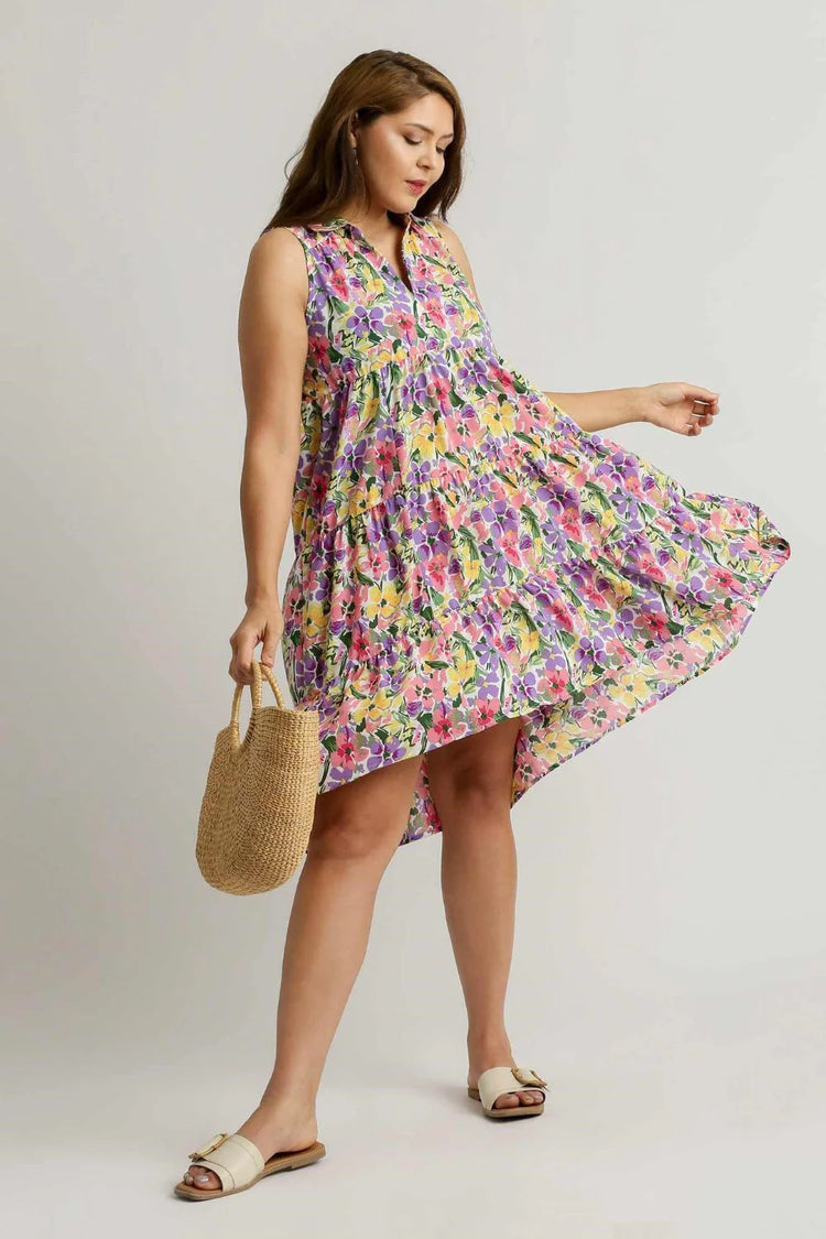 Umgee Full Size High-Low Hem Floral Sleeveless Tiered Dress plus Size