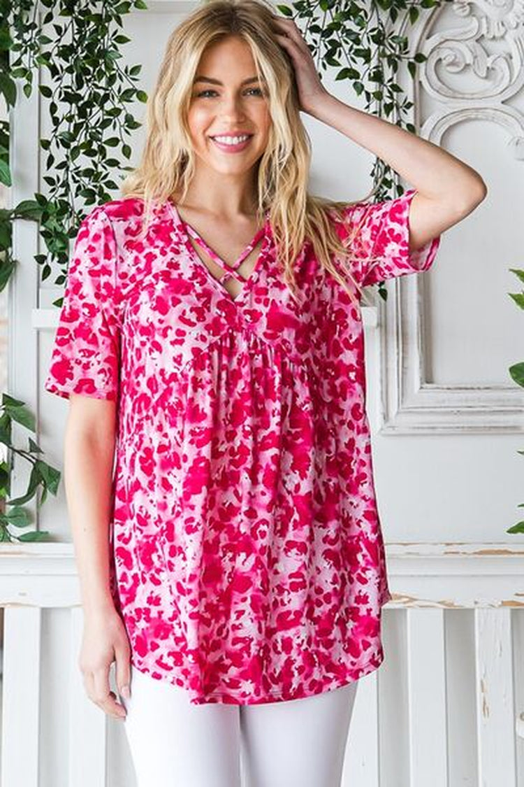 Heimish Full Size Short Sleeve Crisscross Animal Babydoll Top plus Size