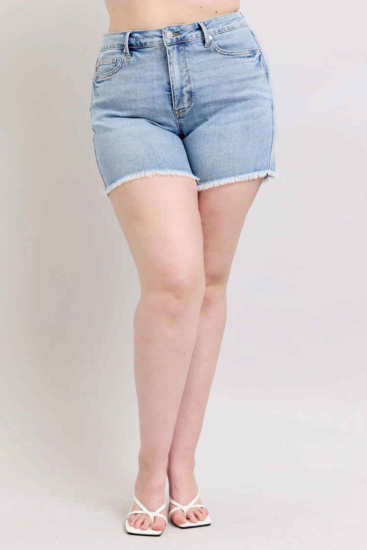 Judy Blue Full Size Tummy Control Raw Hem Denim Shorts plus Size