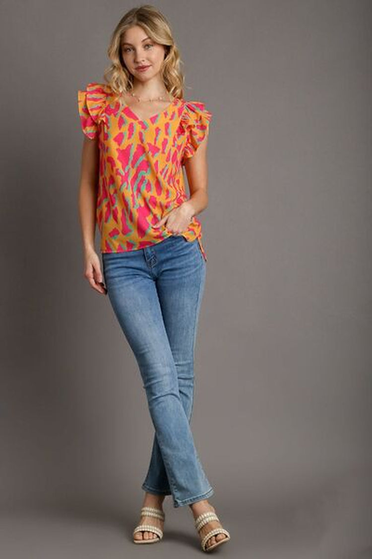 Umgee Full Size Abstract Print V-Neck Double Layer Ruffle Sleeve Blouse plus Size