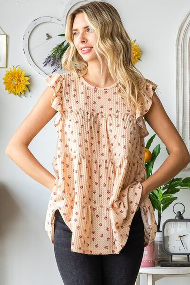 Heimish Full Size Butterfly Short Sleeve round Neck Ditsy Floral Print Tiered Top plus Size